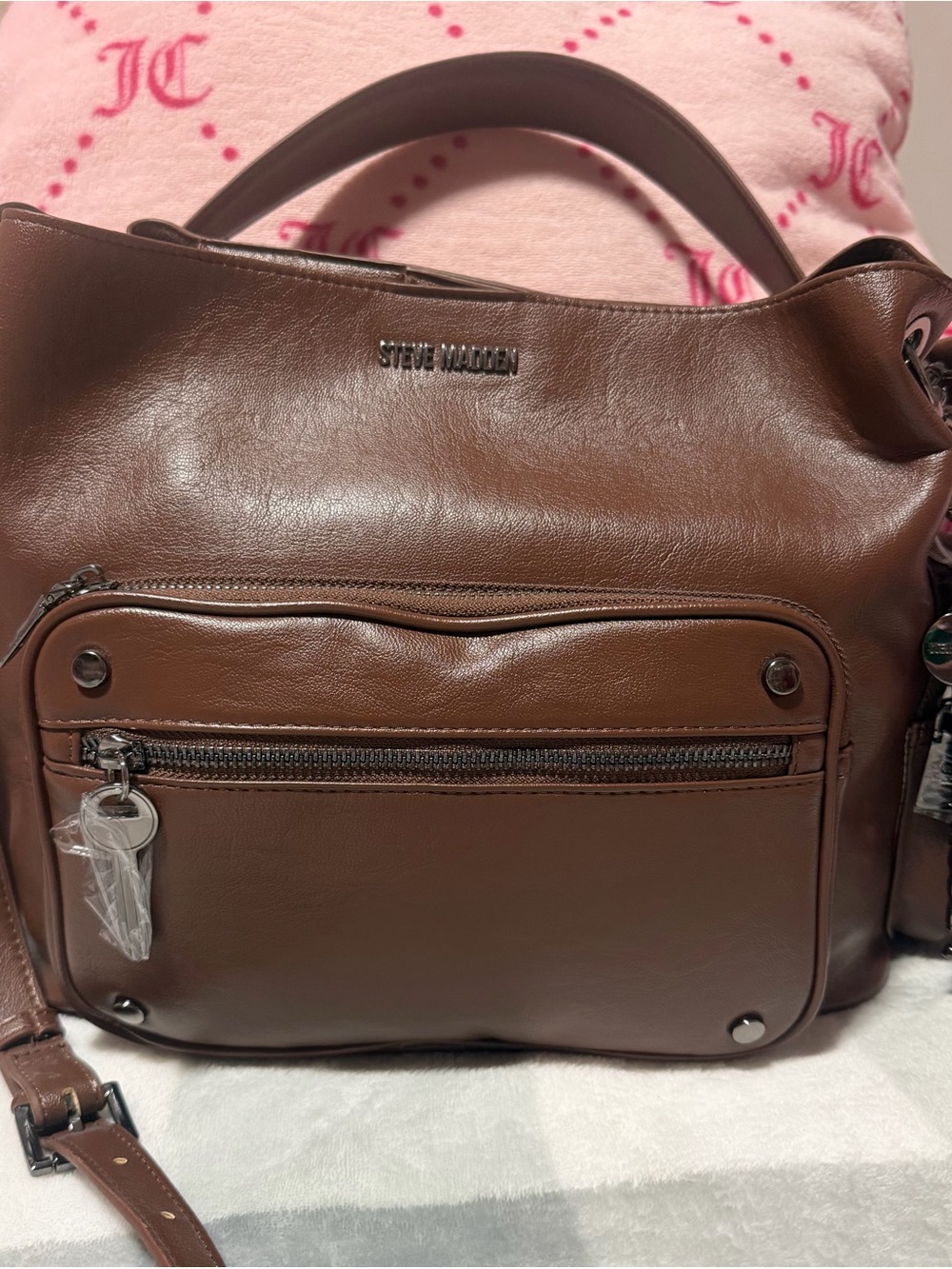 Steve Madden BKOLT Viral Chocolate Brown Leather Shoulder Satchel/Crossbody Bag - Picture 11 of 11